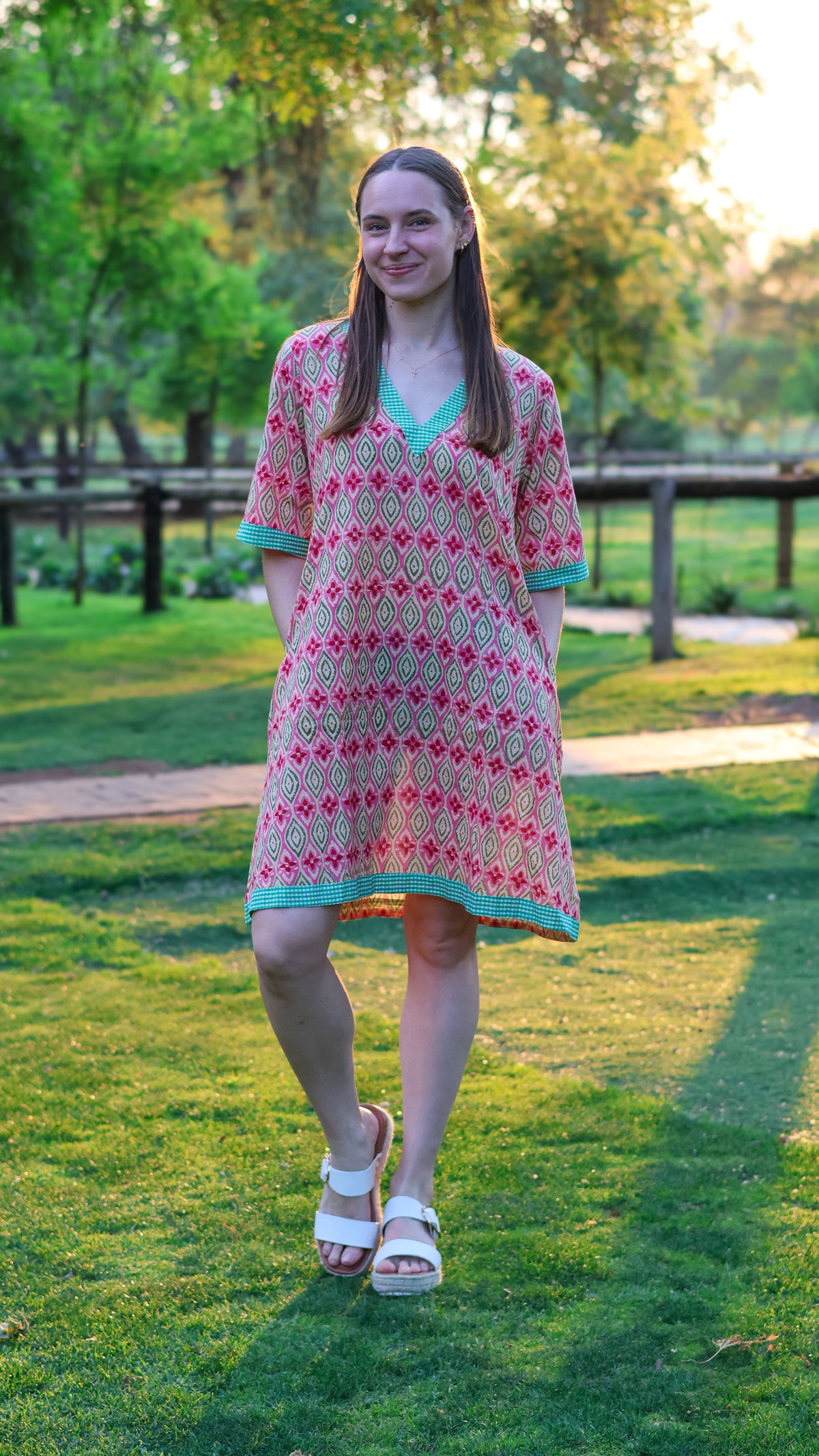 Shift Dress: Pink & Green