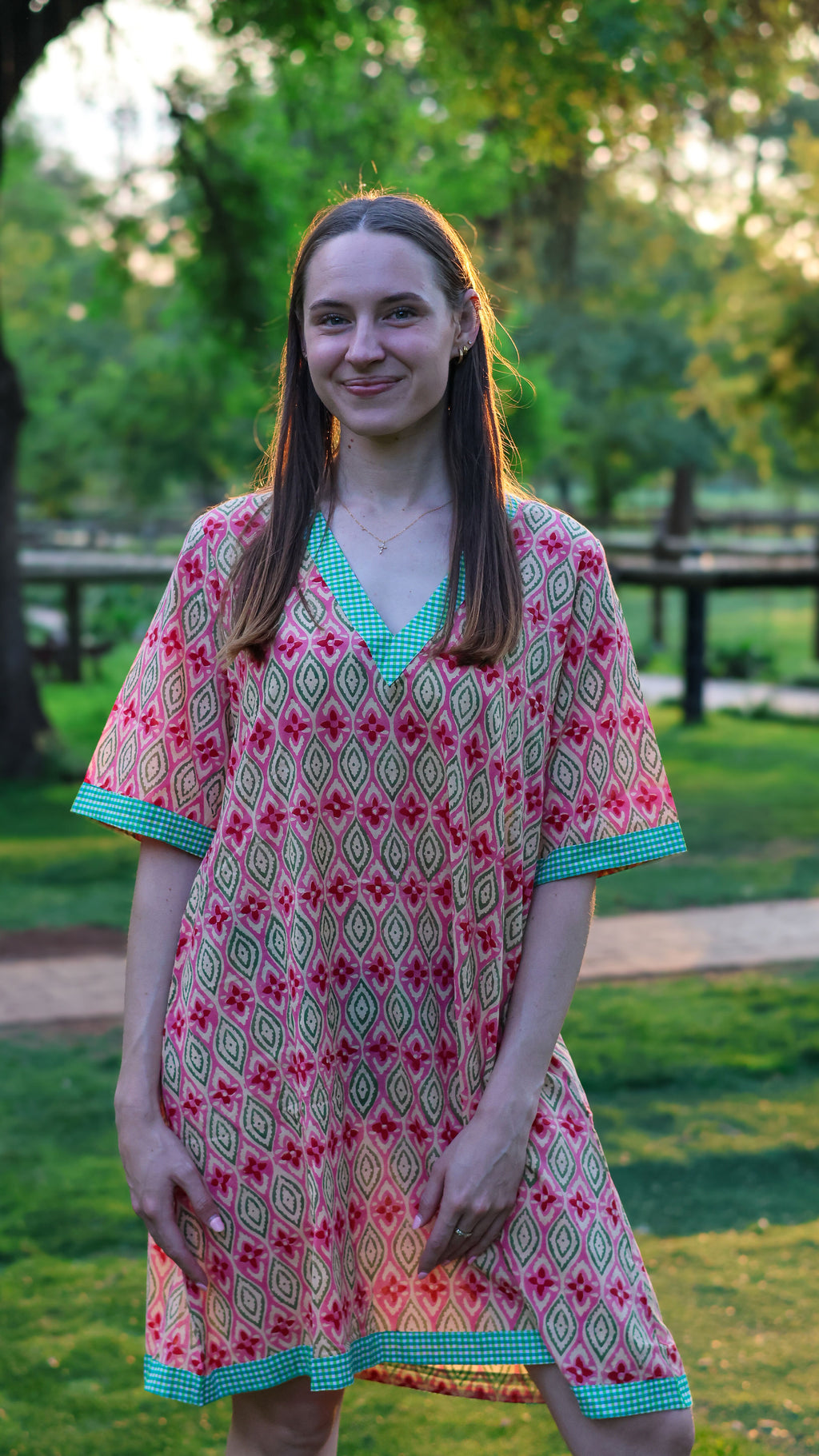 Shift Dress: Pink & Green